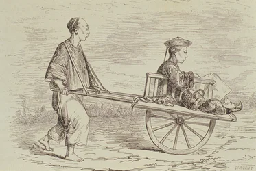 Wheelbarrow Taxi in the 1850s, China, engraved by Alfred Louis Sargent from 